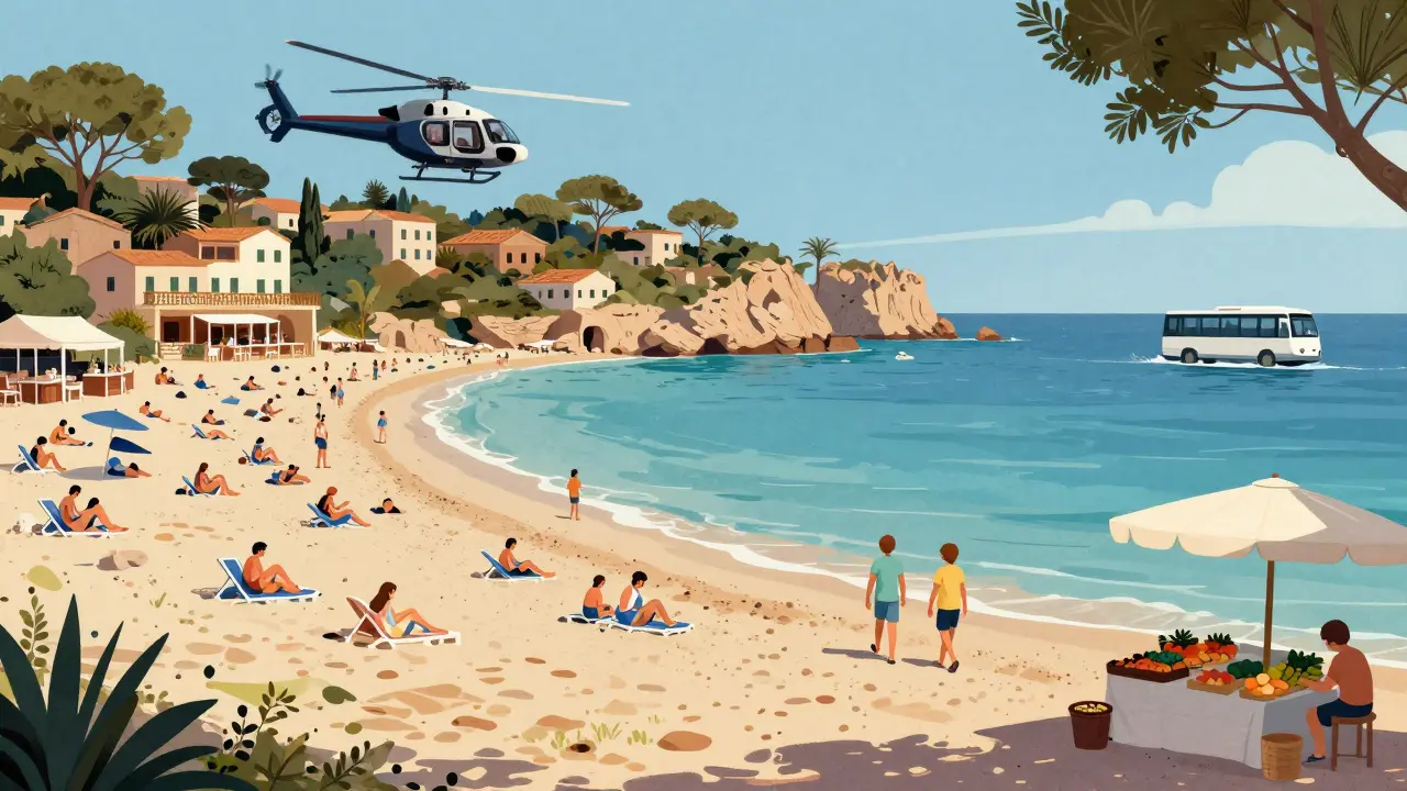 Comparación visual entre una playa saturada en Mallorca y una cabaña tranquila en Menorca.