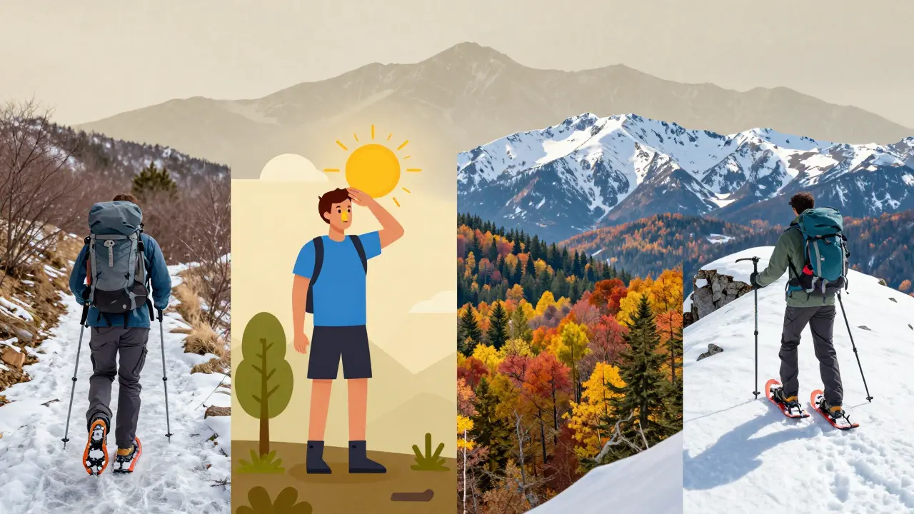 Cuatro escenas de senderismo en los Pirineos según la estación: primavera, verano, otoño e invierno.