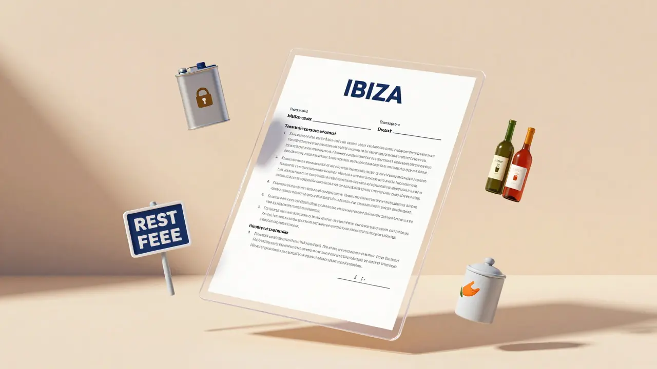 Desglose visual de los costes ocultos del alquiler de un yate en Ibiza: depósito, combustible, comida, puertos y propinas flotando sobre un contrato.