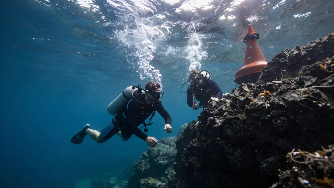 Dos buceadores luchan contra una fuerte corriente cerca de rocas peligrosas en el Cabo de Creus.