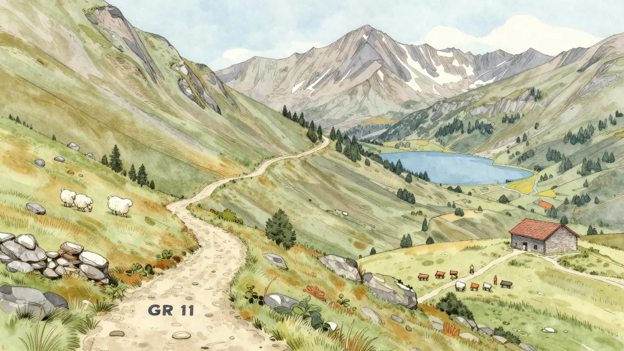Dos rutas de senderismo paralelas, GR 10 y GR 11, serpentean por montañas pirineicas con pastores, refugios y lagos en el entorno.