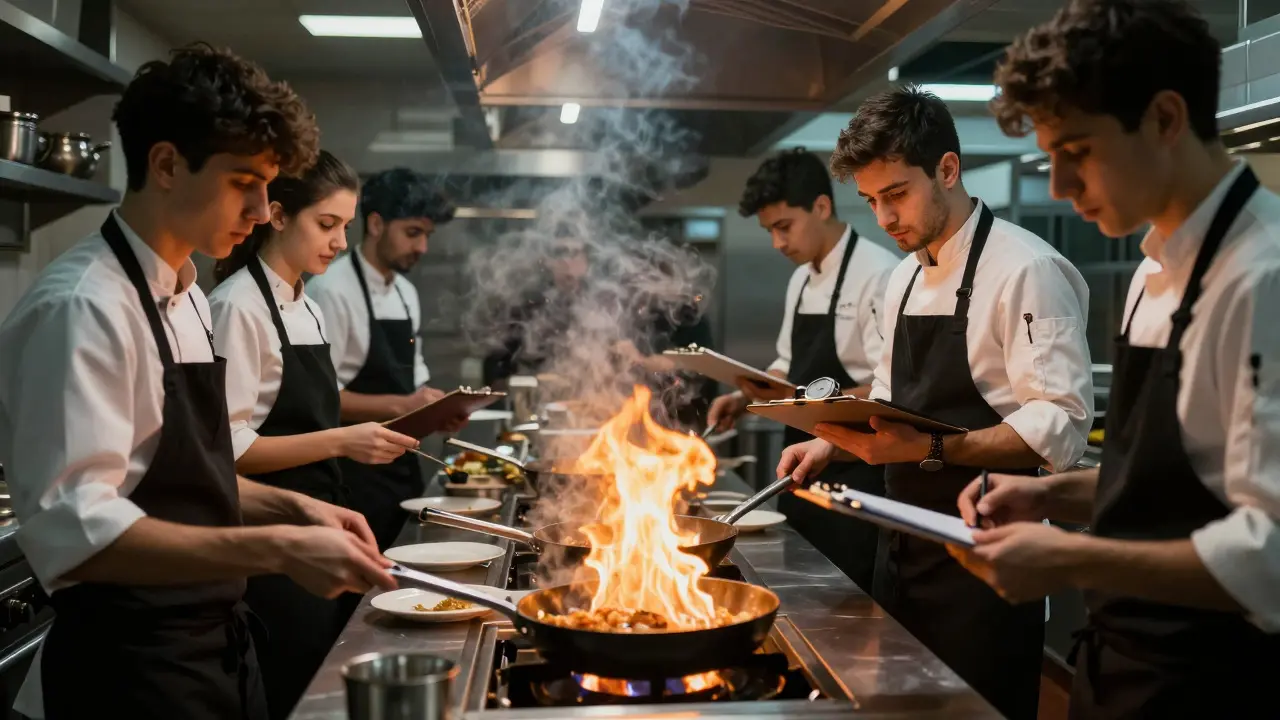 Equipo de chefs en servicio en una cocina profesional de alta gama en España.