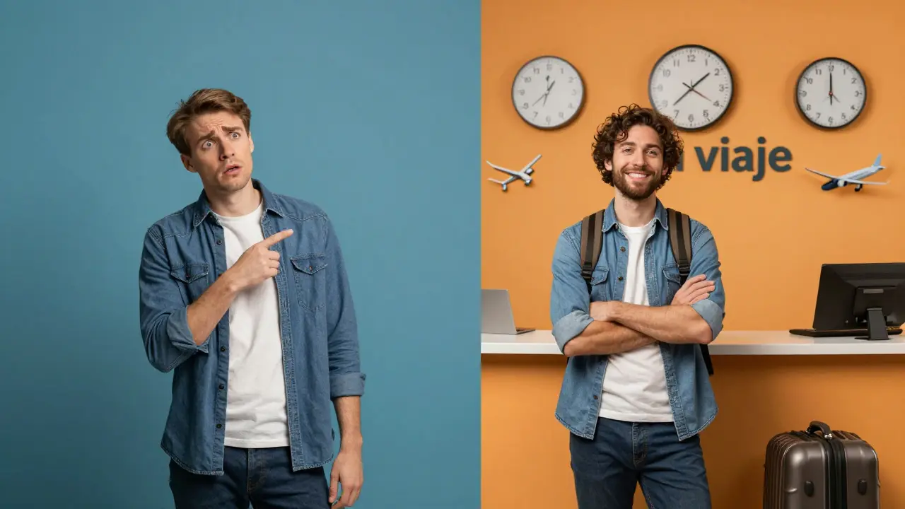 Escena dividida: una persona confundida a la izquierda, un viajero seguro con un boleto etiquetado 'un viaje' a la derecha.