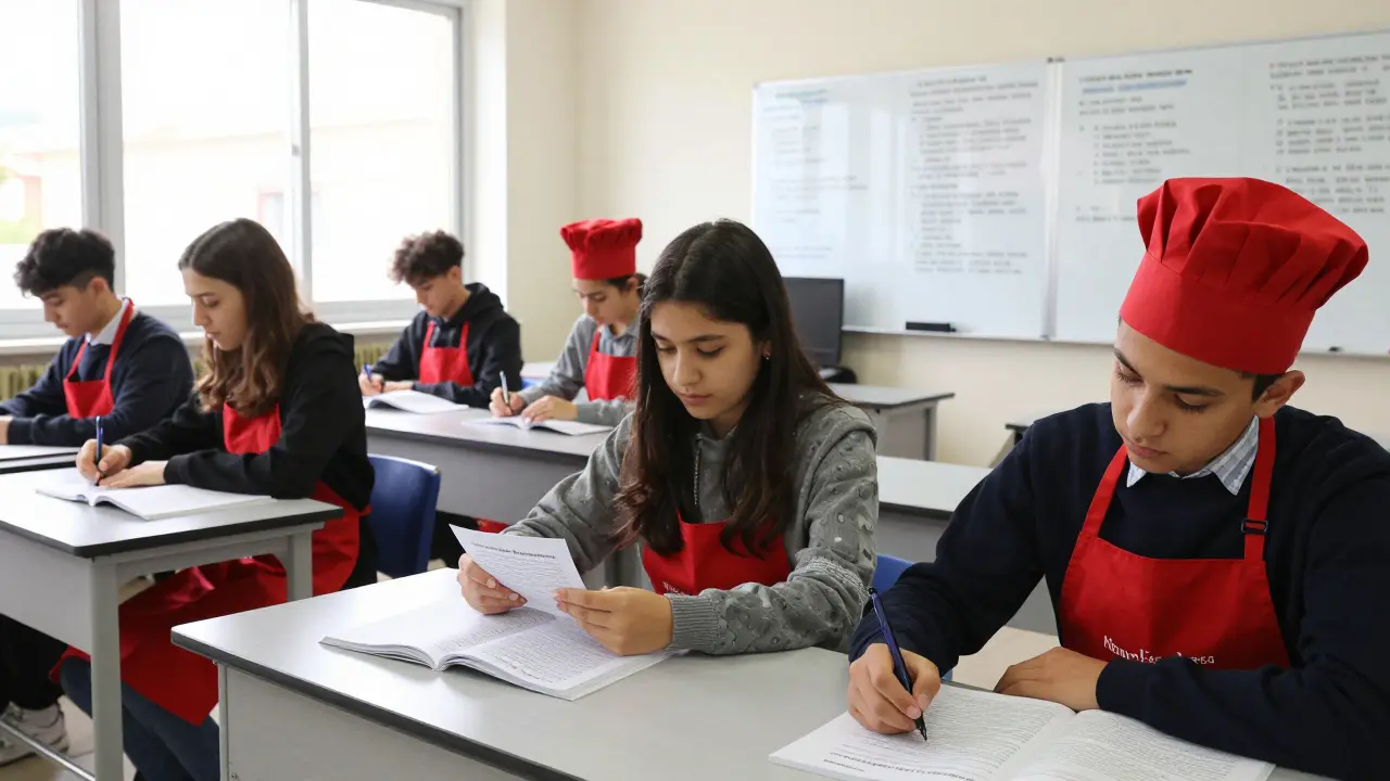 Estudiantes de FP examinándose sobre normas de higiene alimentaria en un aula de formación profesional en Bilbao.