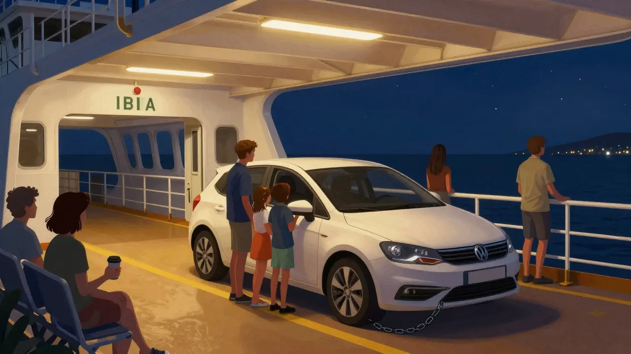 Familia descansando fuera de su coche en la cubierta de carga de un ferry nocturno rumbo a Ibiza.