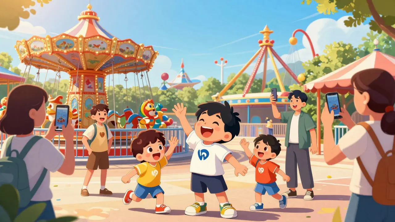 Familia feliz en Parque Warner Madrid con personajes