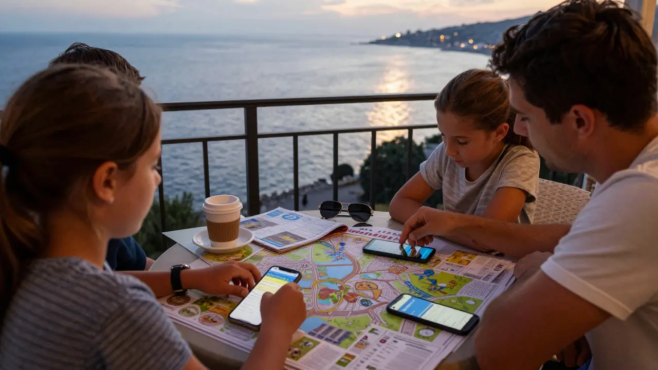 Familia planificando viaje frente a costa mediterránea