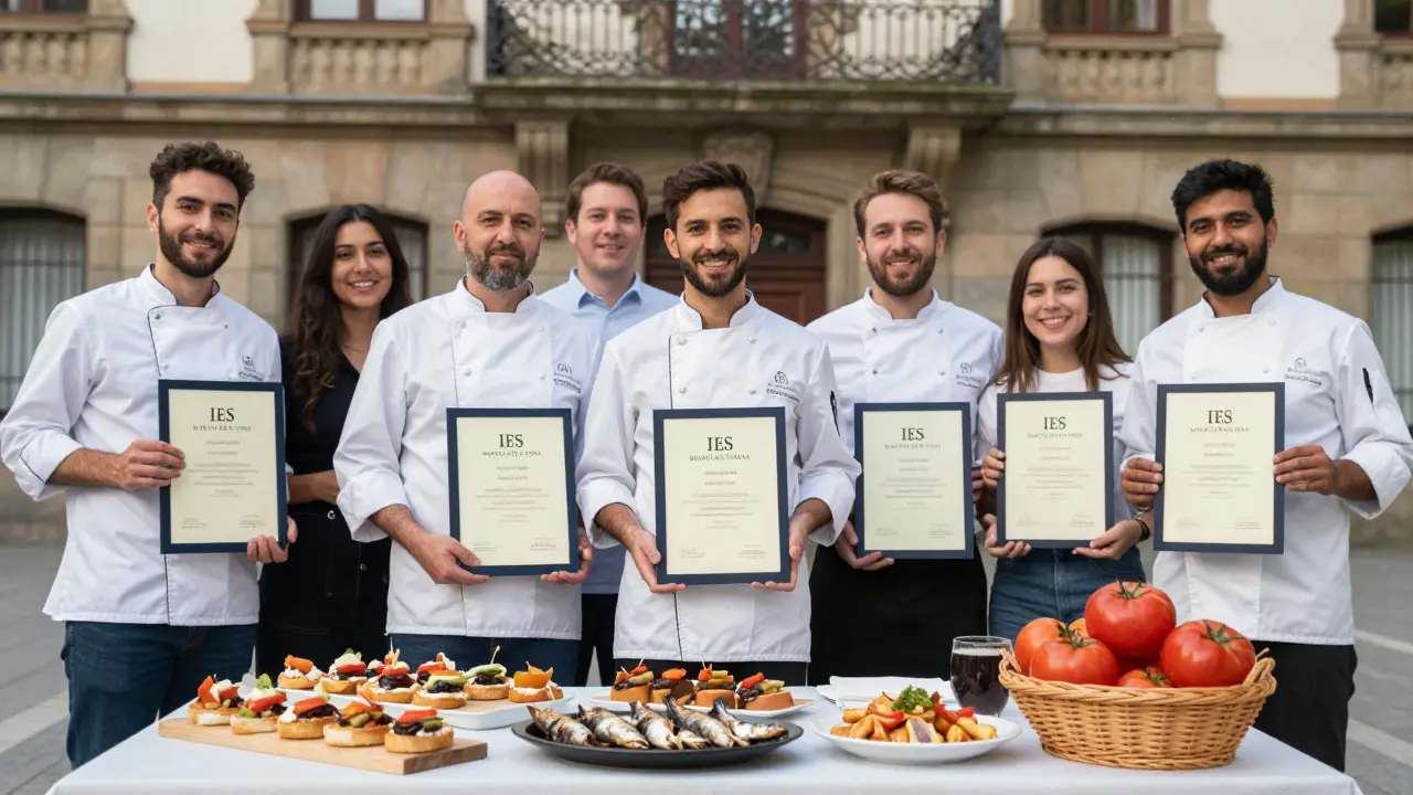Graduados de cocina con títulos oficiales frente a un instituto en Bilbao.