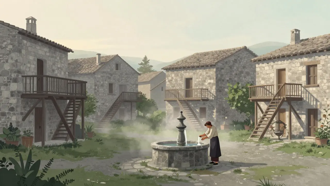 La Almolda al amanecer, casas de piedra y fuente antigua, sin rastros de modernidad.