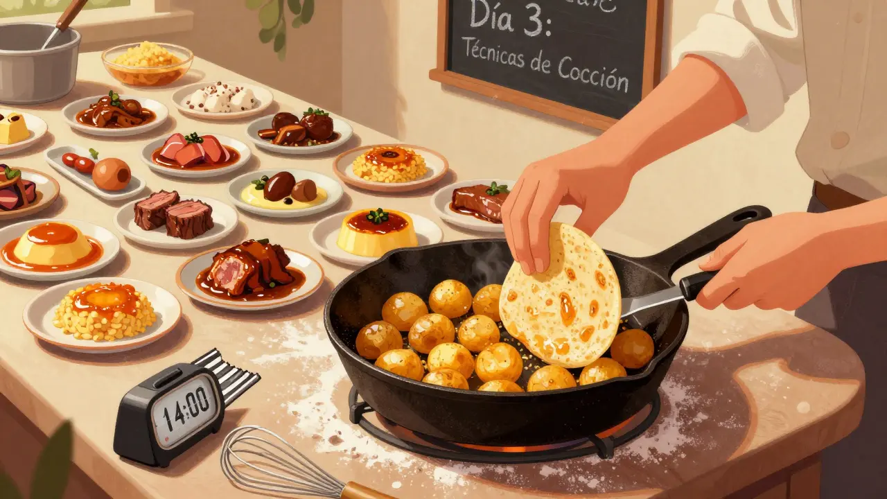 Manos volteando una tortilla de patatas perfecta en una sartén, con platos de cocina española alrededor.