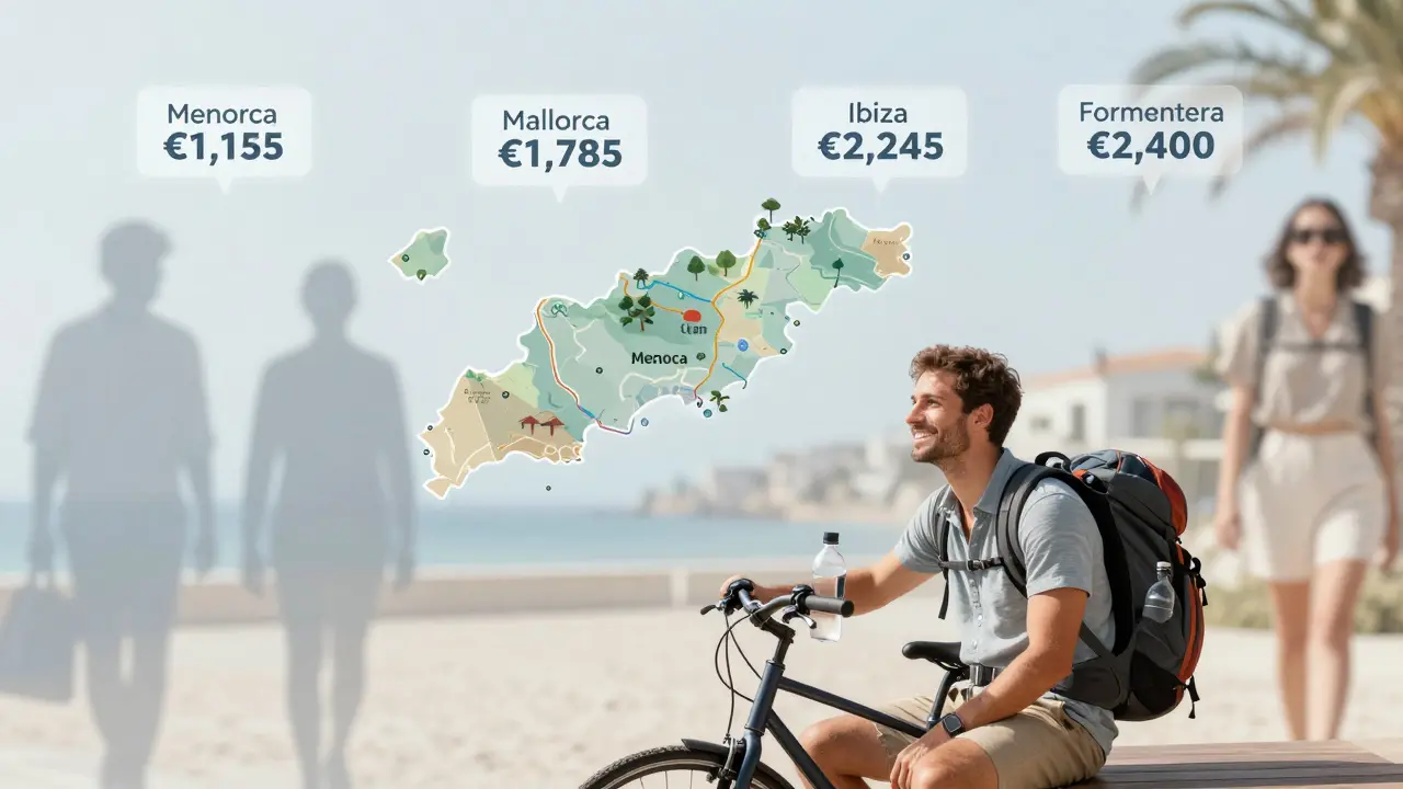 Mapa de las Baleares con precios flotantes y un viajero en Menorca rodeado de sombras de turismo caro.