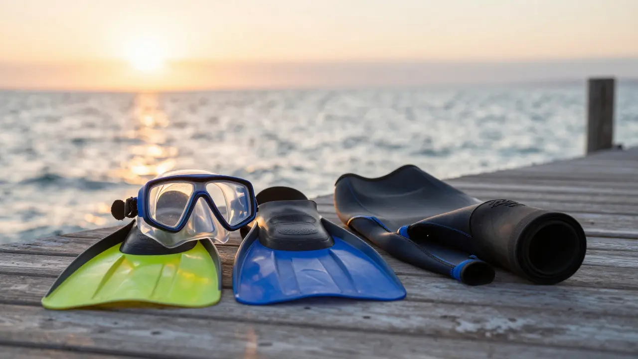 Mascarilla y aletas de snorkel sobre madera junto al mar al atardecer