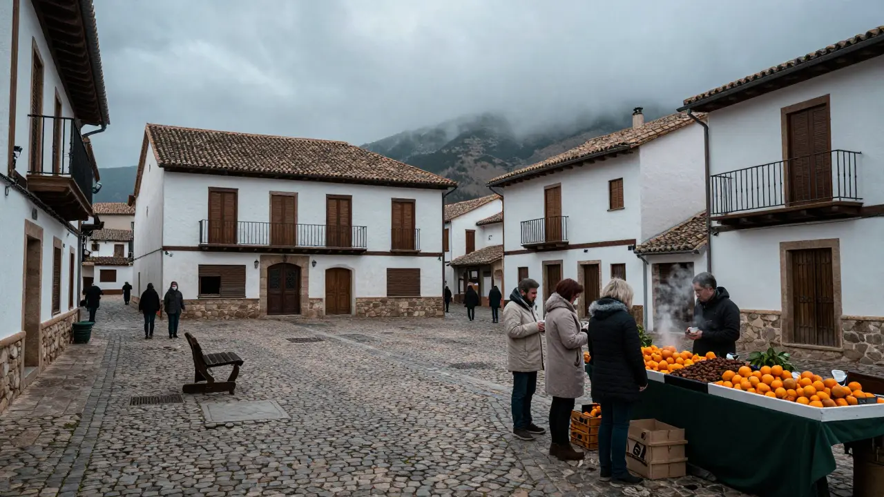 Mercado local tranquilo con productos frescos y arquitectura antigua bajo cielo invernal.