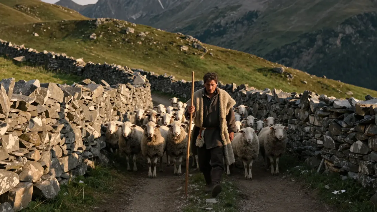 Pastor conduciendo ovejas por un camino rural de montaña