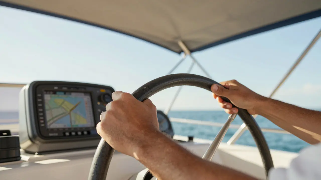Primer plano de manos en el timón de un yate con instrumentos de navegación.