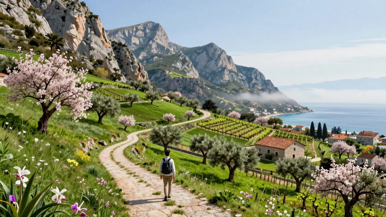 Sendero de montaña en la Serra de Tramuntana rodeado de olivos y flores silvestres, con una figura caminando hacia el mar.