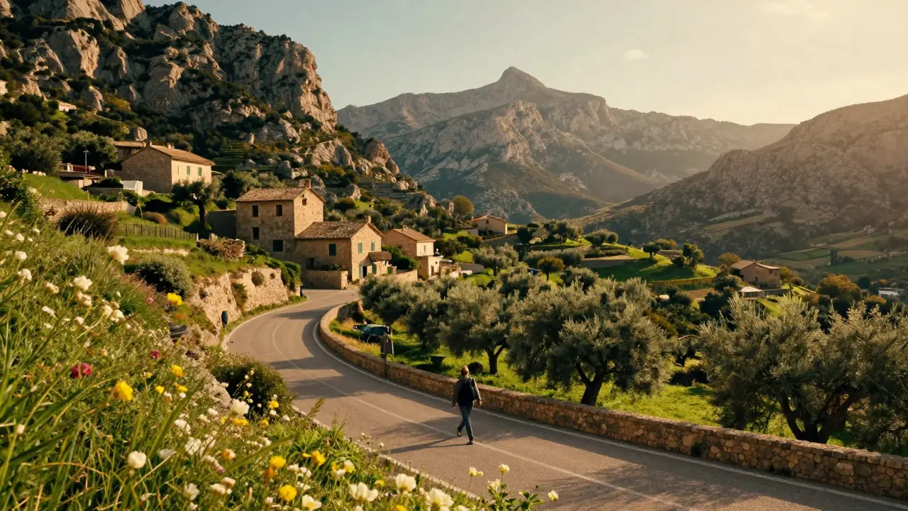 Sendero en la Serra de Tramuntana con vegetación verde y luz suave de primavera u otoño.