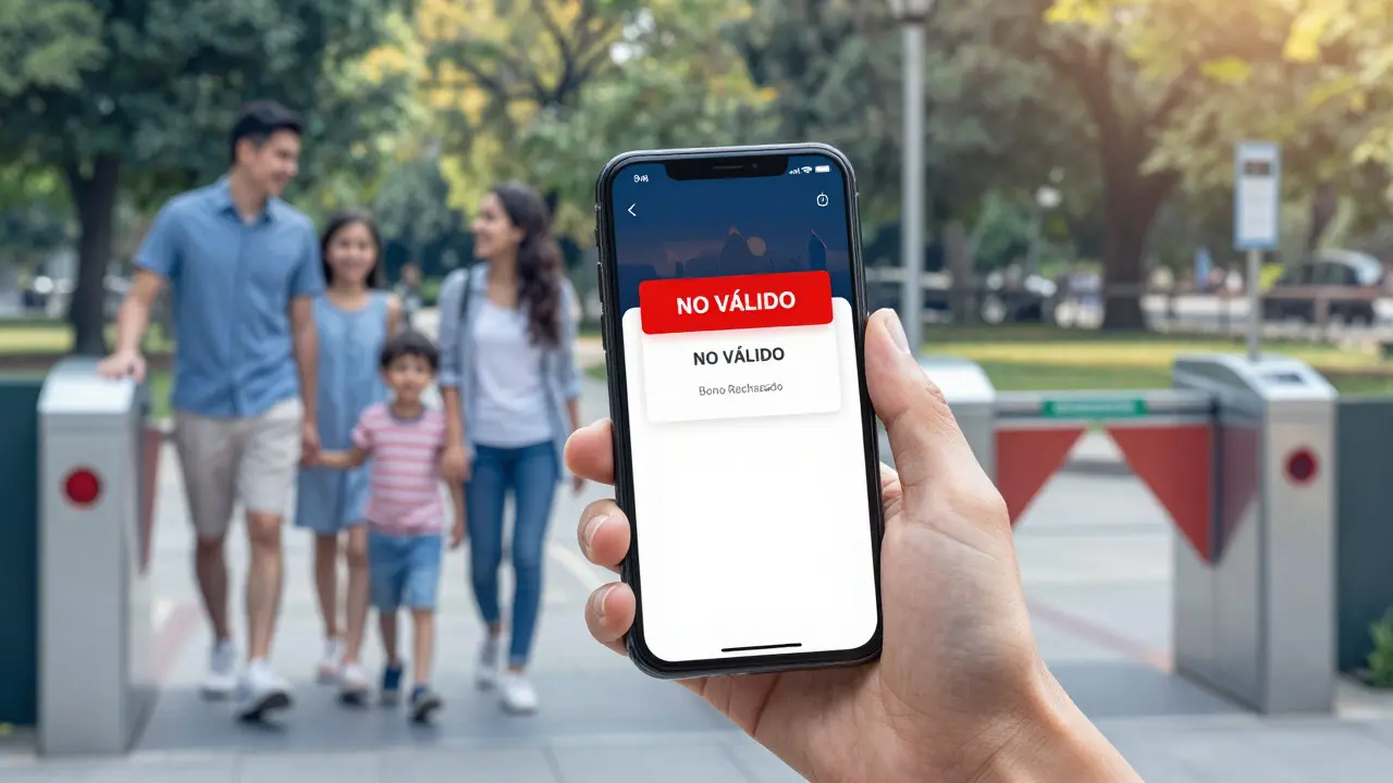 Teléfono mostrando alerta 'NO VÁLIDO' mientras al fondo se ve la diferencia entre entrada permitida y rechazada.