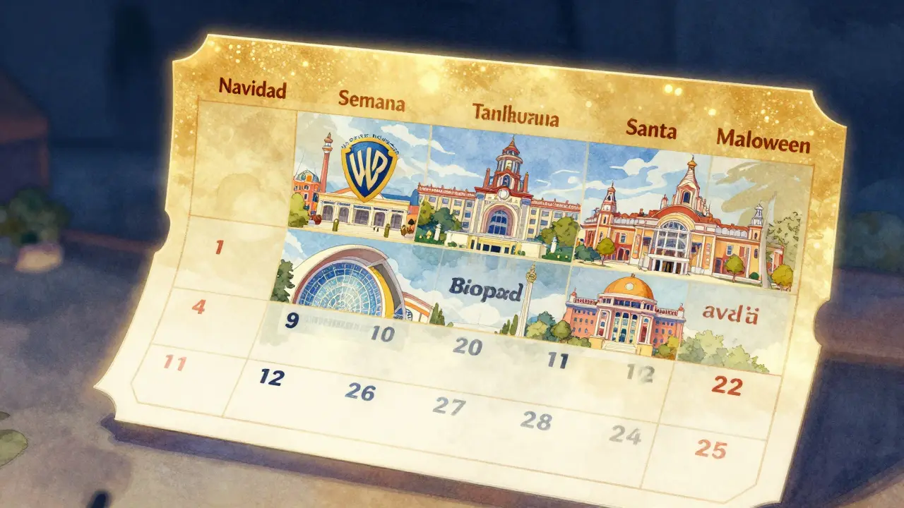Ticket dorado flotando sobre un calendario con días excluidos en rojo y parques temáticos españoles superpuestos.
