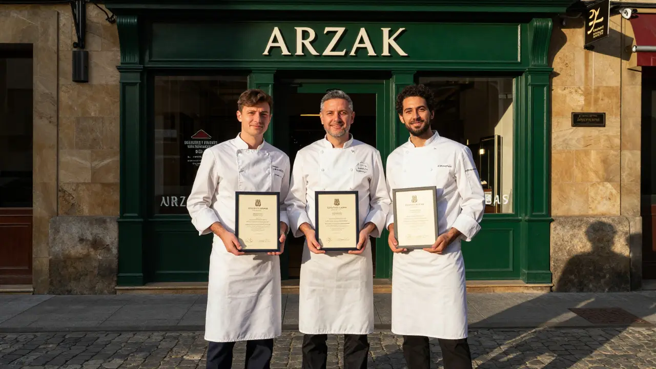 Tres egresados de cocina en Bilbao celebran con sus títulos oficiales frente al restaurante Arzak, bajo la luz del atardecer.