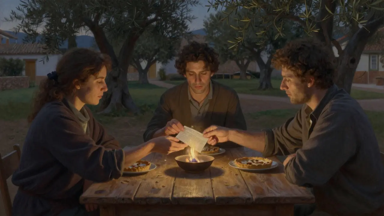Tres personas comparten una tarta de almendras mientras queman una carta escrita a mano, en un pueblo andaluz al atardecer.