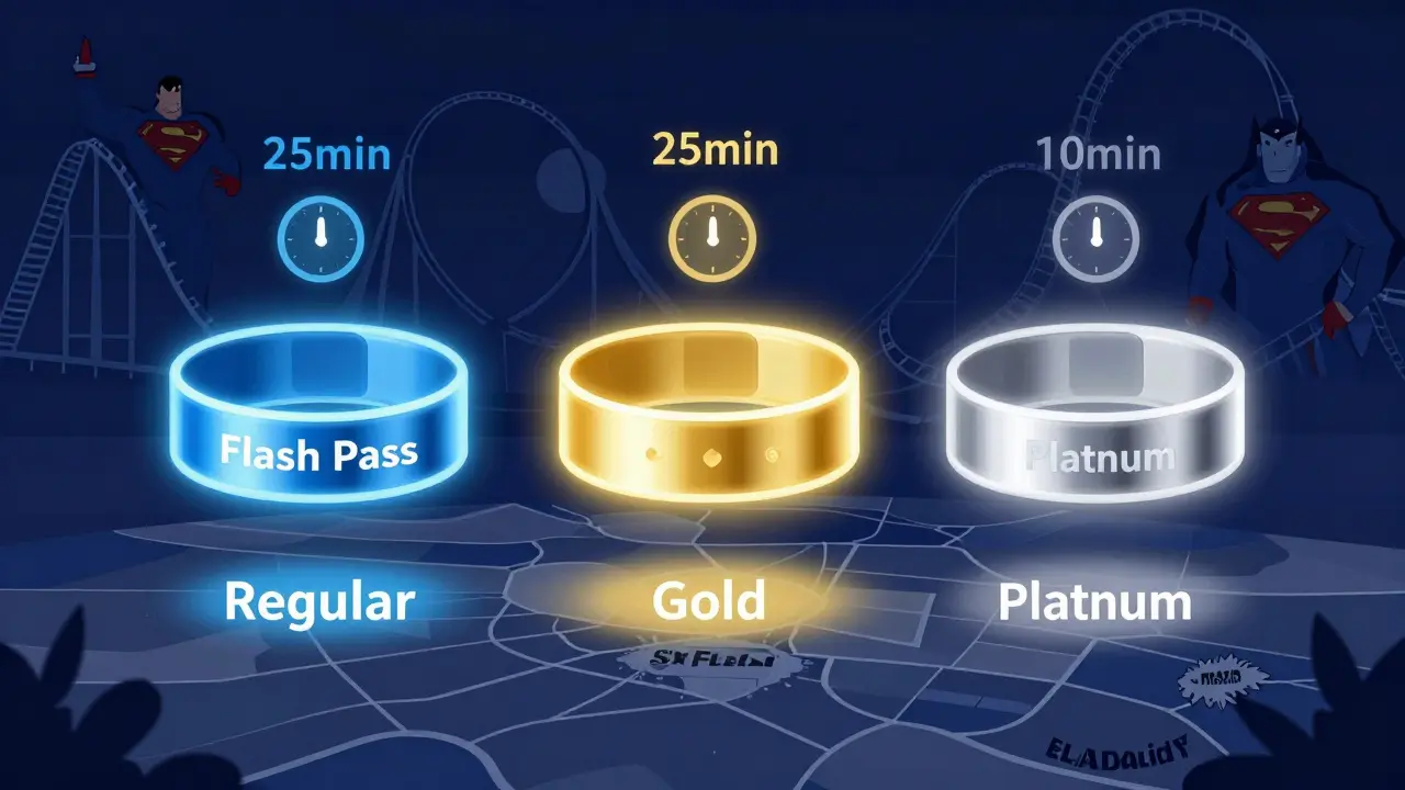 Tres pulseras Flash Pass con colores distintos y tiempos de espera sobre un mapa del parque.