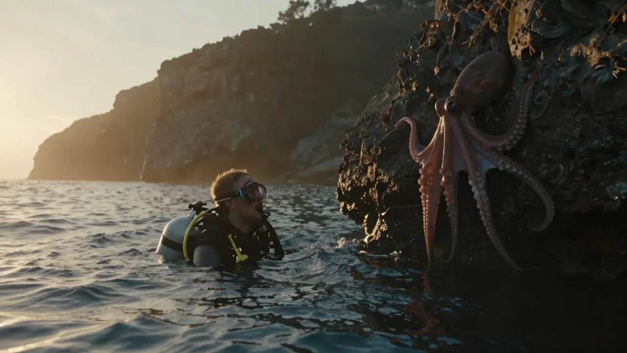 Un buceador emerge al amanecer, desorientado, mientras un pulpo observa desde las rocas.