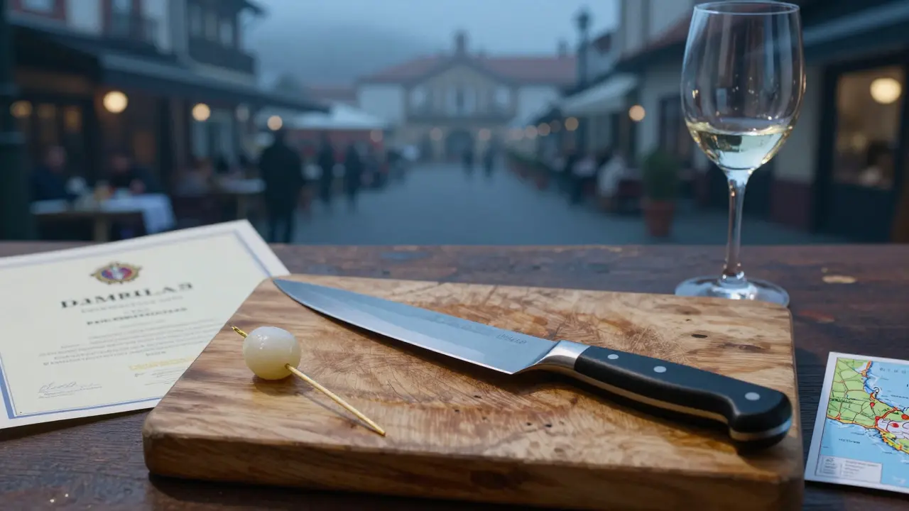 Un cuchillo de chef sobre una tabla de madera, rodeado de símbolos de formación gastronómica en Bilbao.