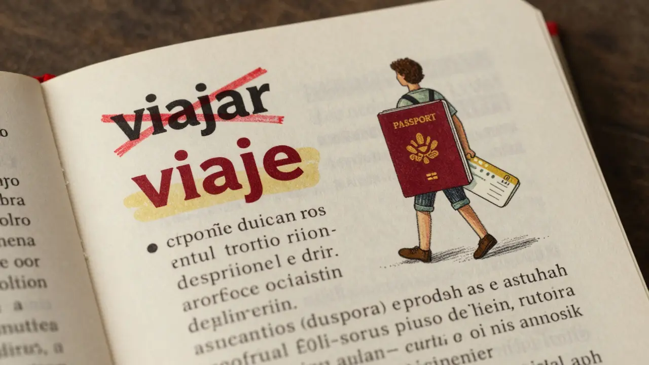 Un diccionario español abierto con 'viajar' tachado y 'viaje' resaltado, mientras una figura de viajero sale de la definición.