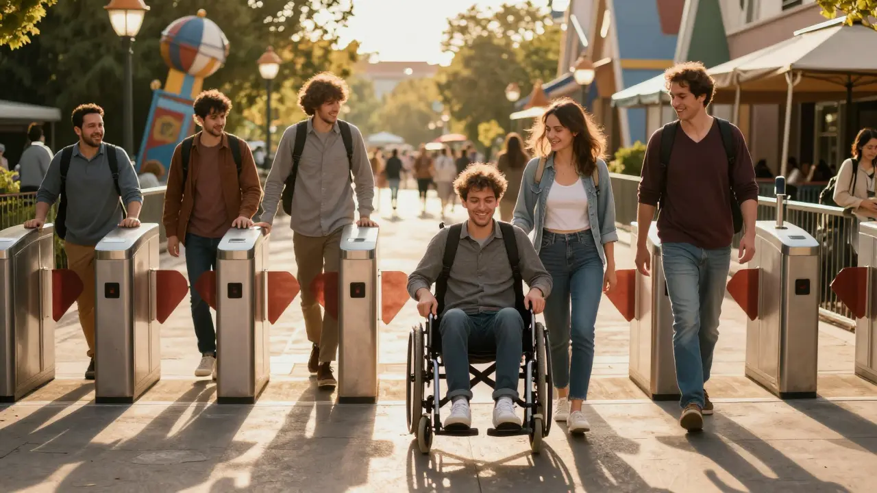 Un grupo con discapacidad y sus acompañantes entra al parque, sonriendo bajo la luz del atardecer.