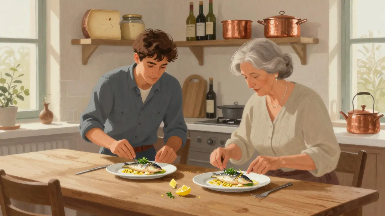 Un hombre joven y una mujer mayor preparan juntos merluza a la vasca en una cocina con ingredientes locales.