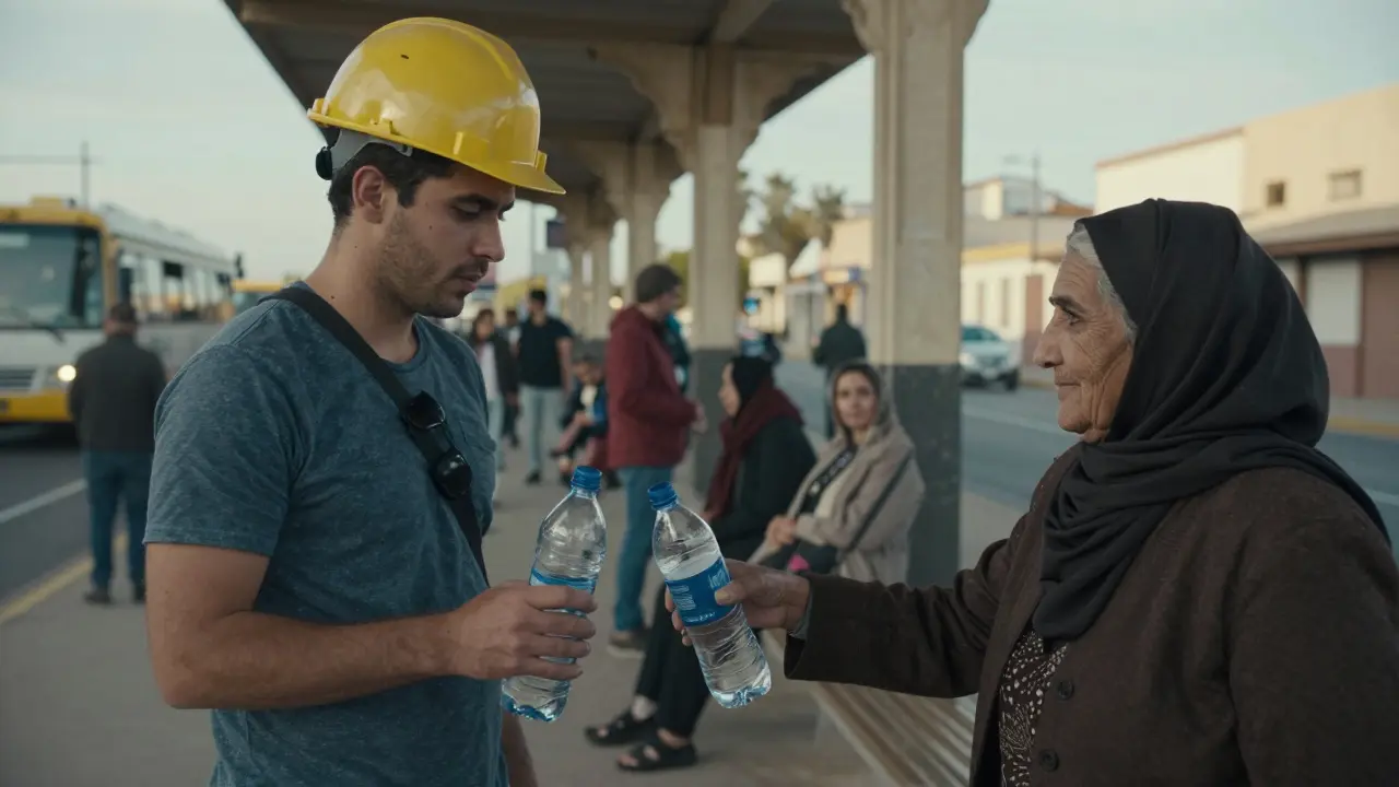 Un ingeniero español recibe la mitad de una botella de agua de una mujer mayor en una estación de autobús, sin palabras.
