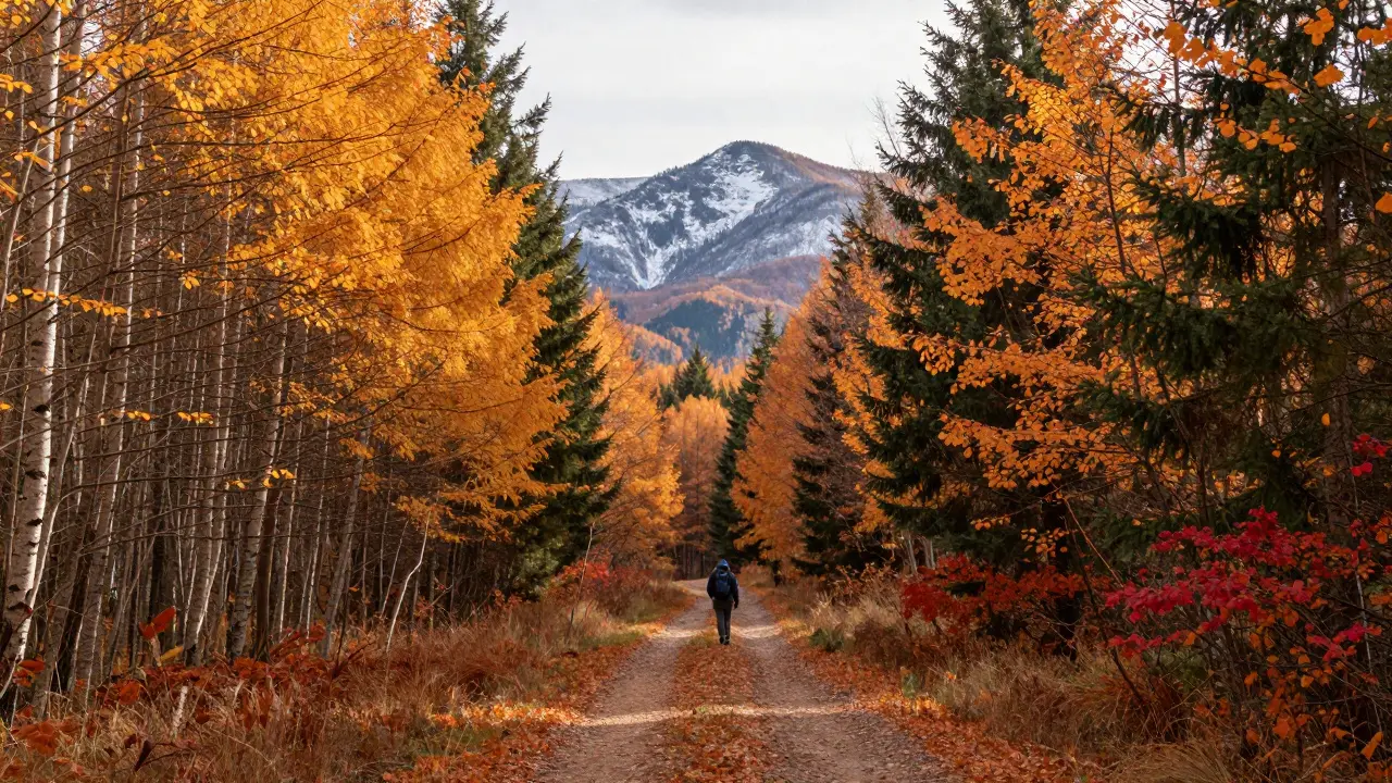 Un senderista camina por un bosque otoñal dorado, con cumbres nevadas al fondo y hojas caídas en el suelo.