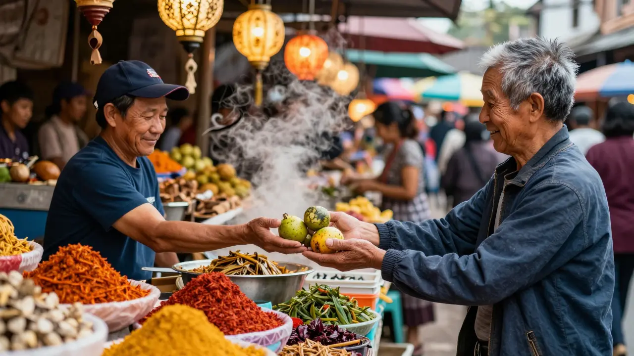 Un vendedor ofrece fruta a un viajero en un mercado de Tailandia, sin palabras.