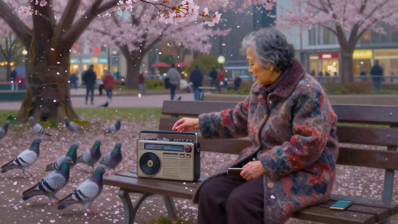 Un viajero sentado en un parque de Shibuya observa a una anciana alimentar palomas mientras su teléfono yace olvidado.