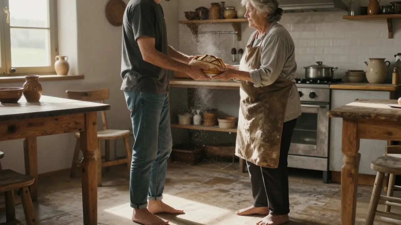 Una persona recibe pan casero de una mujer en Galicia, sin intercambio monetario, solo gesto humano.