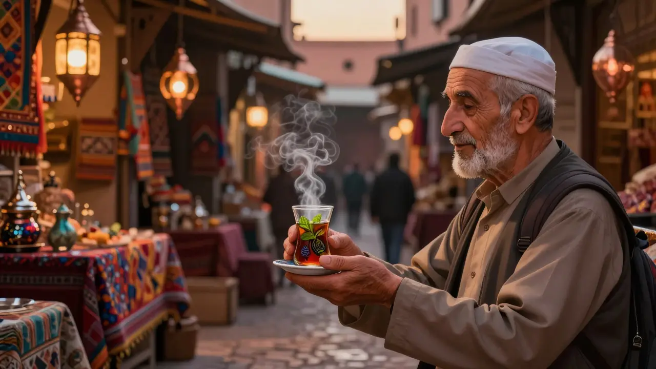 Una persona recibe té de menta de un local en un mercado de Marrakech al atardecer, sin palabras, solo presencia.