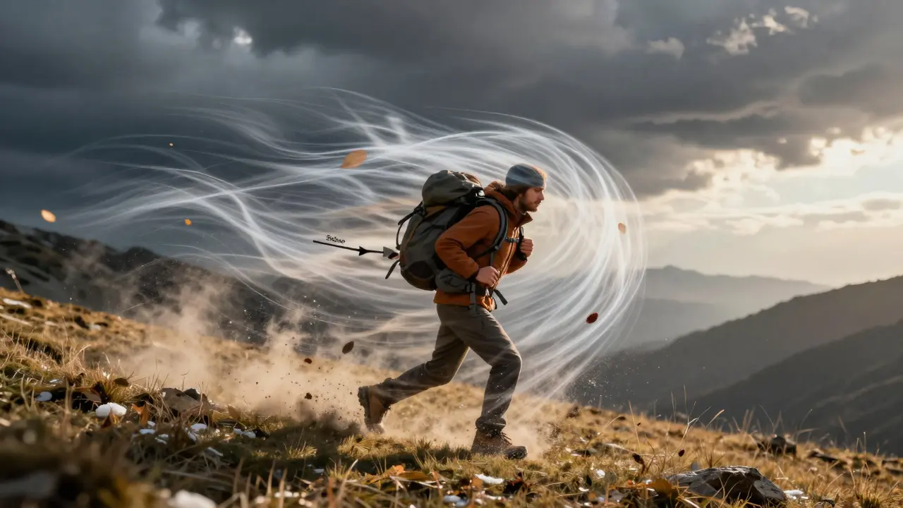 Viento fuerte en los Pirineos levantando nieve y hojas mientras un senderista sostiene su mochila.