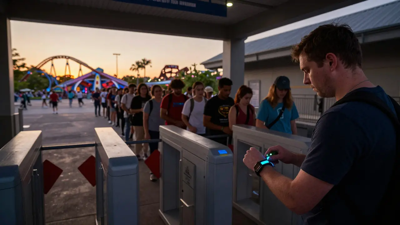 Visitante escaneando su pulsera Flash Pass en entrada prioritaria mientras hay largas colas detrás.