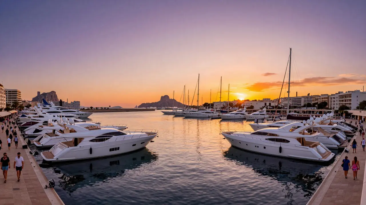 Vista panorámica del puerto de Ibiza con yates atracados al atardecer.