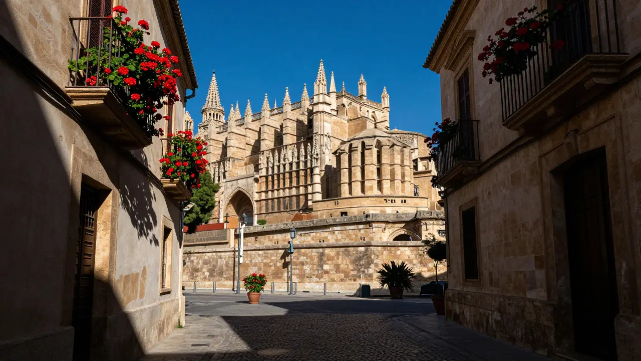 Callejón sombreado del casco antiguo de Palma con la catedral al fondo.