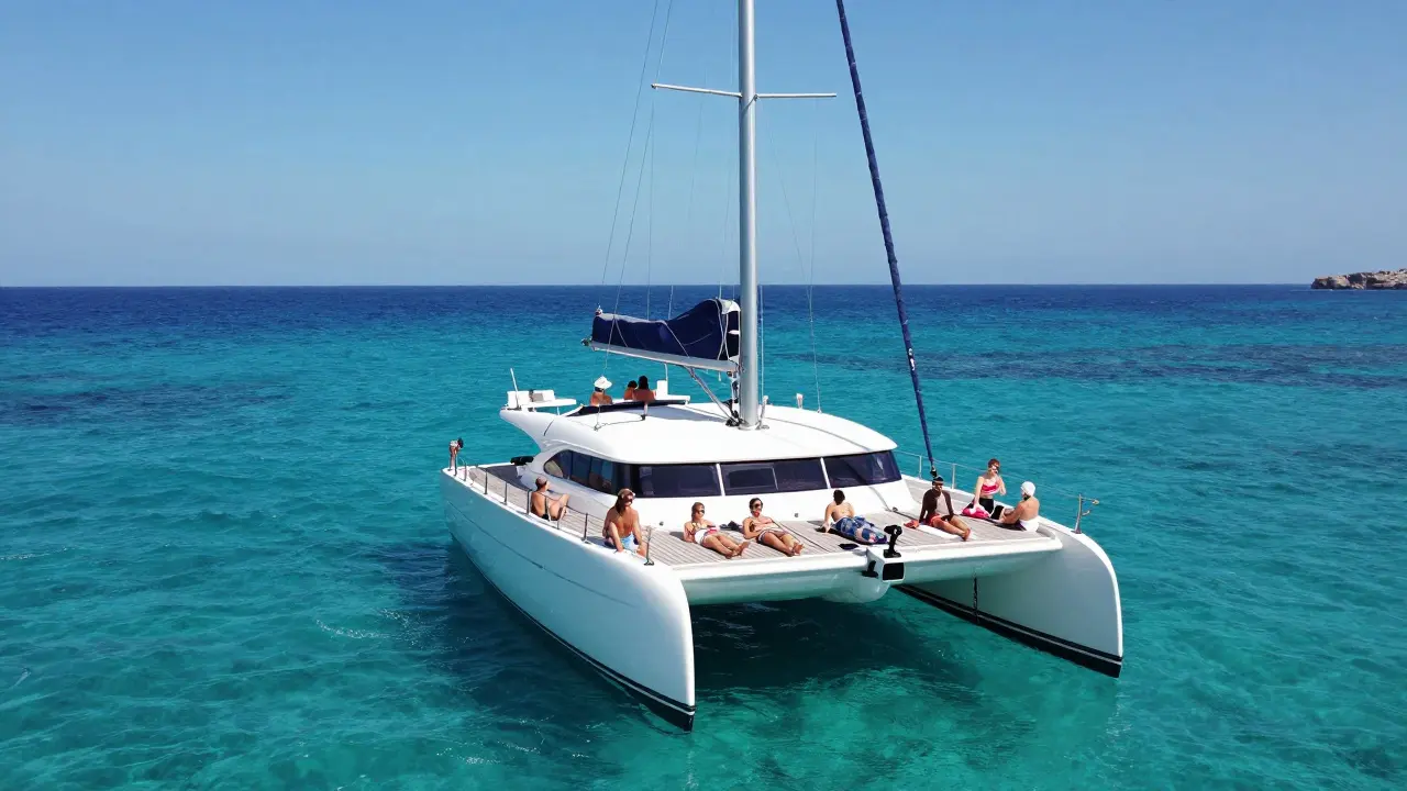 Catamarán de recreo navegando por las aguas cristalinas entre Ibiza y Formentera