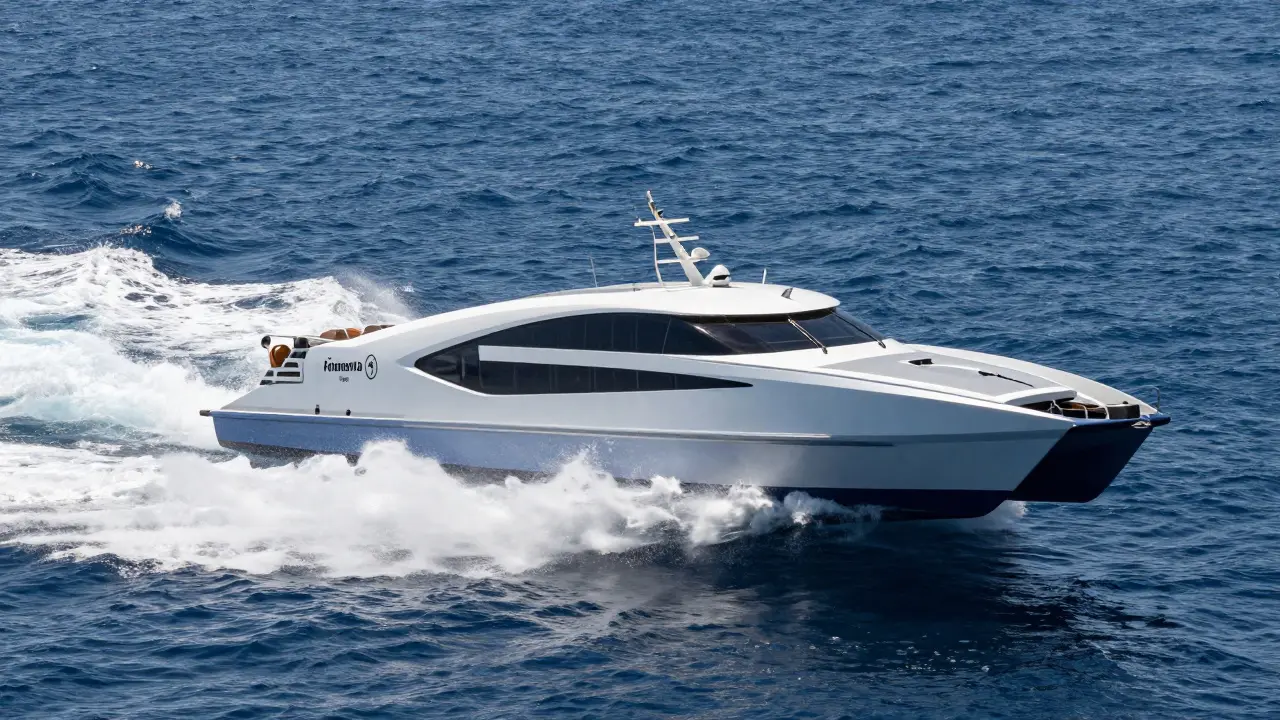 Catamarán rápido navegando a gran velocidad por las aguas azules entre Formentera e Ibiza.
