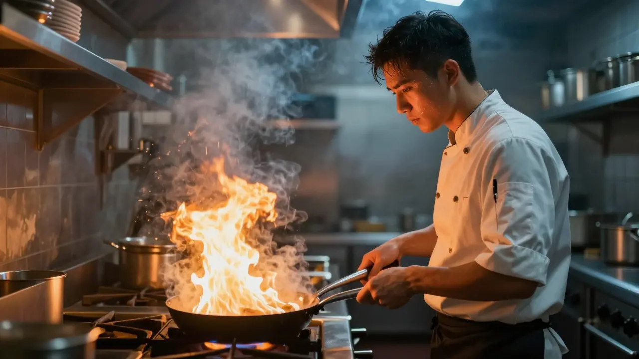 Chef joven trabajando intensamente frente a fogones con llamas y vapor.