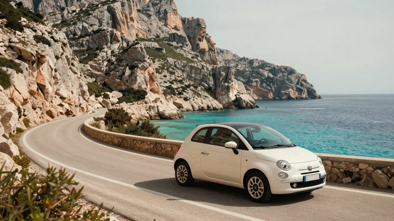 Coche blanco recorriendo una carretera costera en la Sierra de Tramuntana.