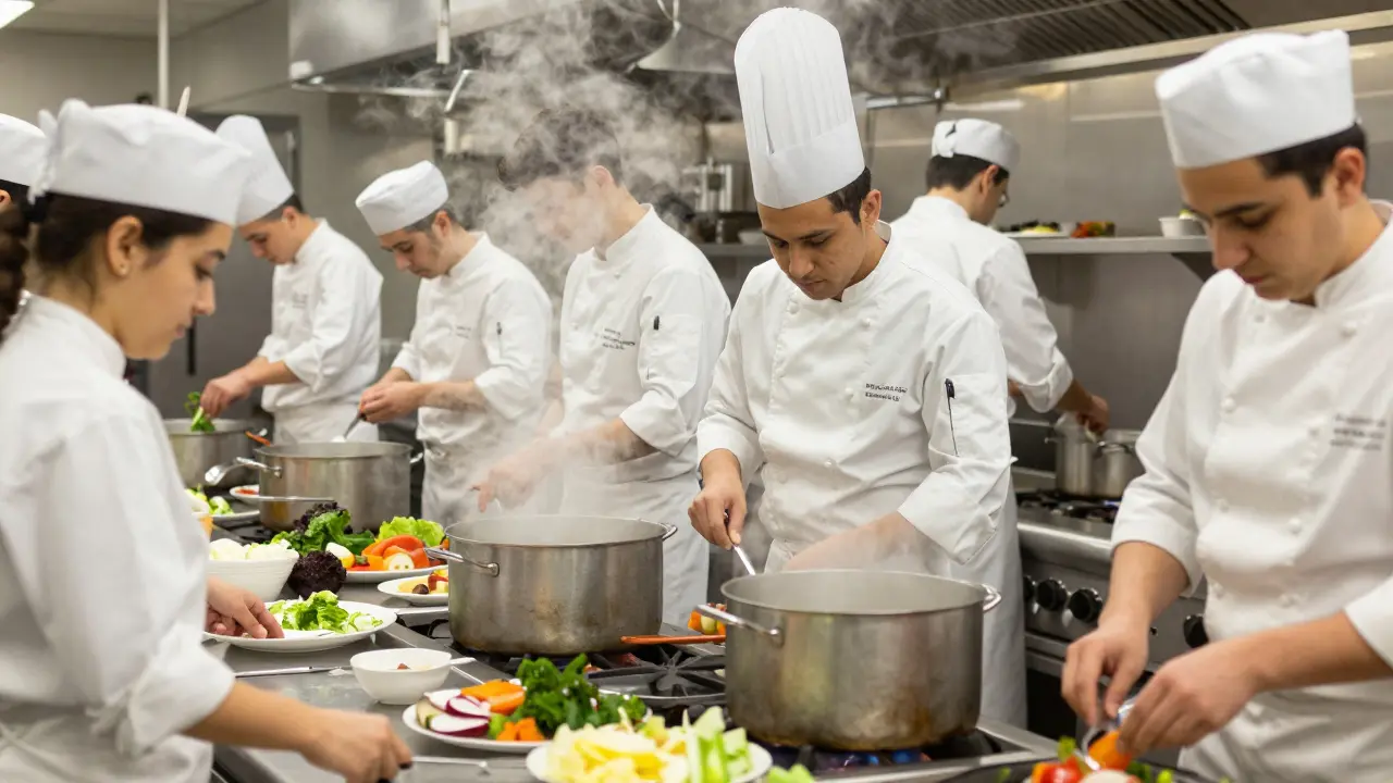 Cocineros trabajando intensamente en una cocina profesional durante un servicio de mediodía.