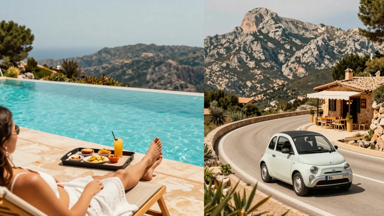 Comparativa entre el relax en una piscina de resort y la exploración de los paisajes de Mallorca.