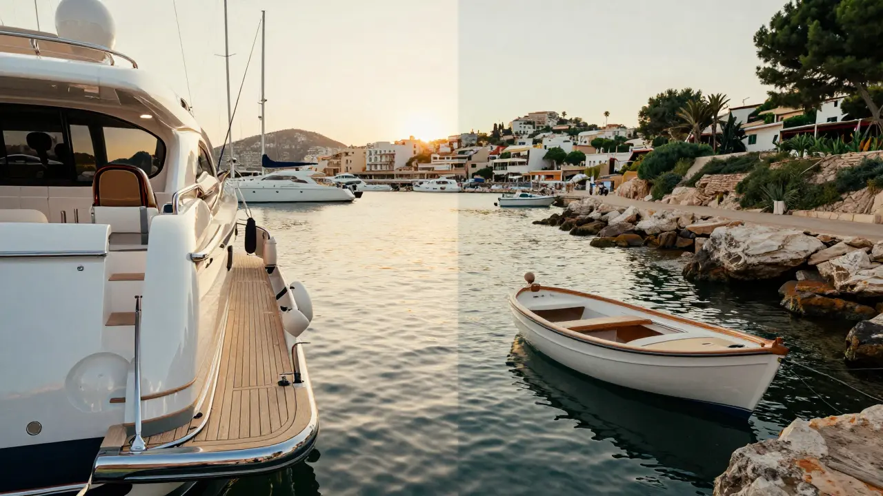 Comparativa visual entre un superyate de lujo y un barco recreativo en un puerto tranquilo.
