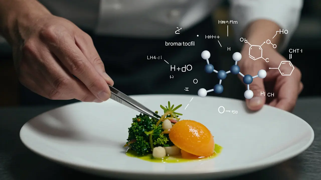 Composición artística que une la alta cocina con la química de los alimentos.