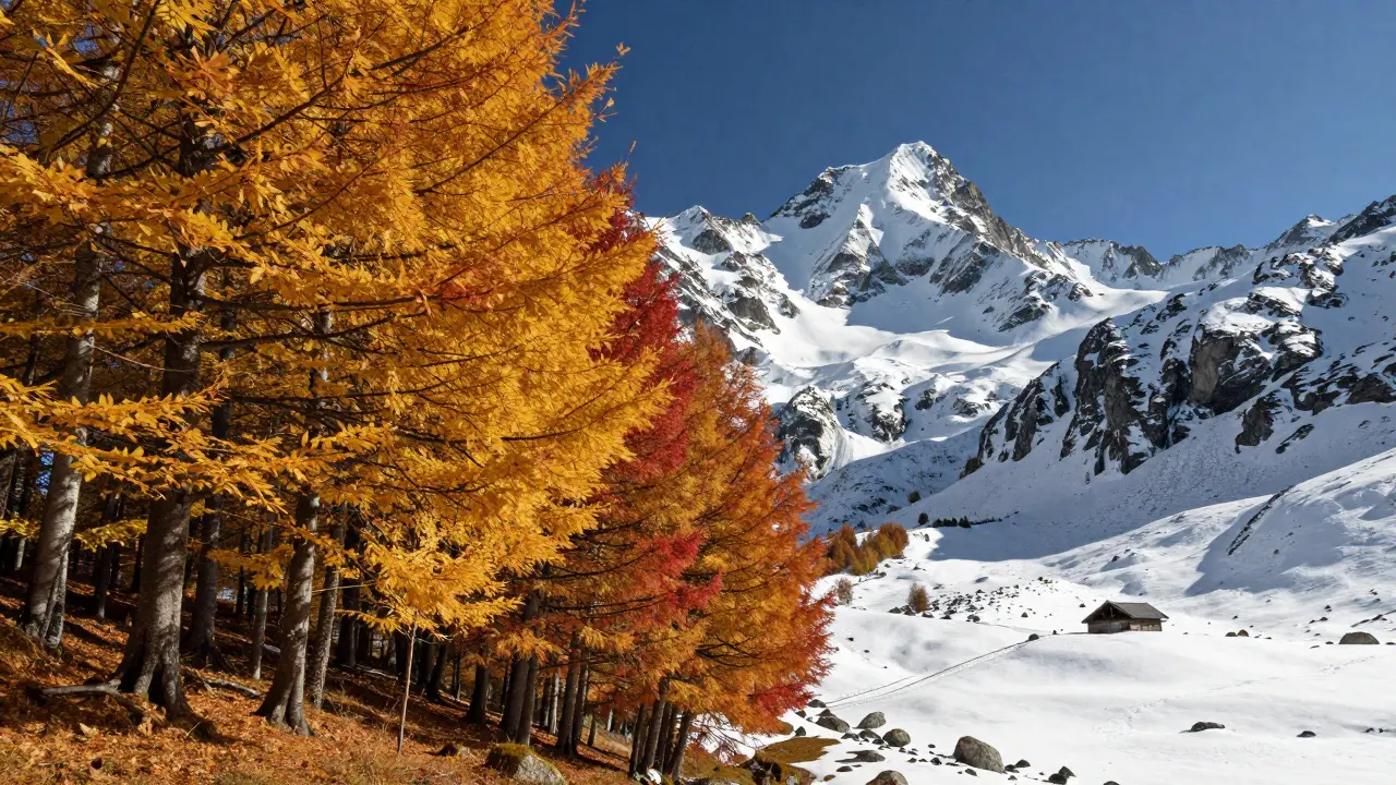 Contraste visual entre el bosque de Irati en otoño y las cumbres nevadas de los Pirineos en invierno.